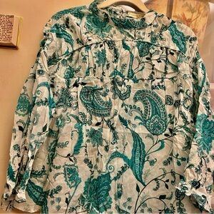 NWOT Eshakti blouse Cotton Voile Teal Cream Paisley, gathered yokes, see msmnts!